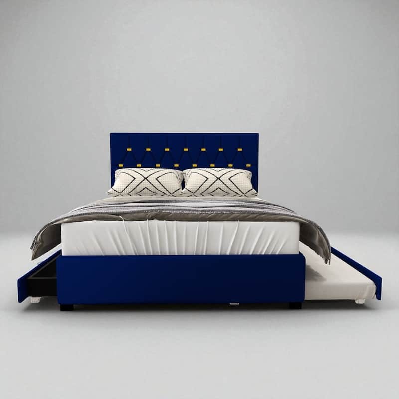 Queen Upholstered Platform Bed with Trundle and Storage Drawers, Gold Tufted Headboard, No Box Spring Required - Blue - Queen