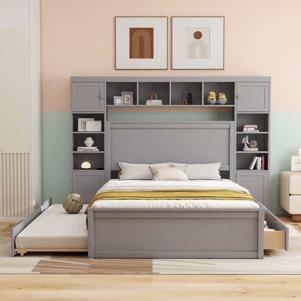 slide 2 of 54, Modern Platform Bed with Integrated Cabinet and Drawers Grey - Queen