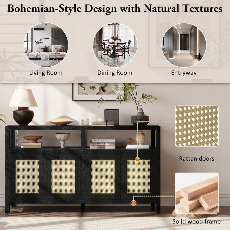 Rattan Buffet Storage Cabinet with Solid Wood Frame