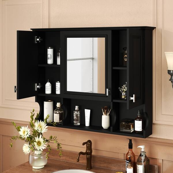 Unbranded 35 in. W x 28.7 in. H Rectangular Surface Mount Blue Bathroom Medicine Cabinet with Mirror with Open Shelves