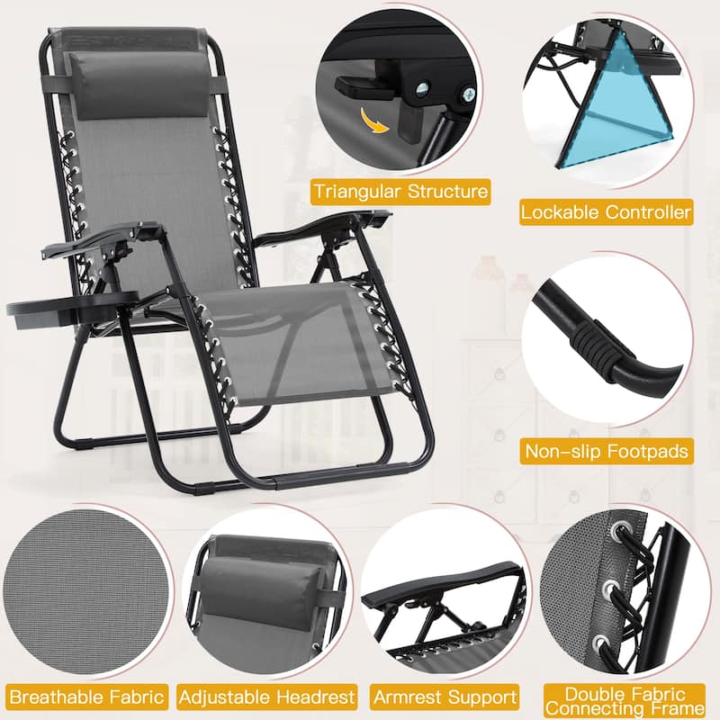 Zero Gravity Lounge Chair Set of 2 – Outdoor Folding Recliners with Cup Holder, Adjustable Headrest, Weather-Resistant Fabric