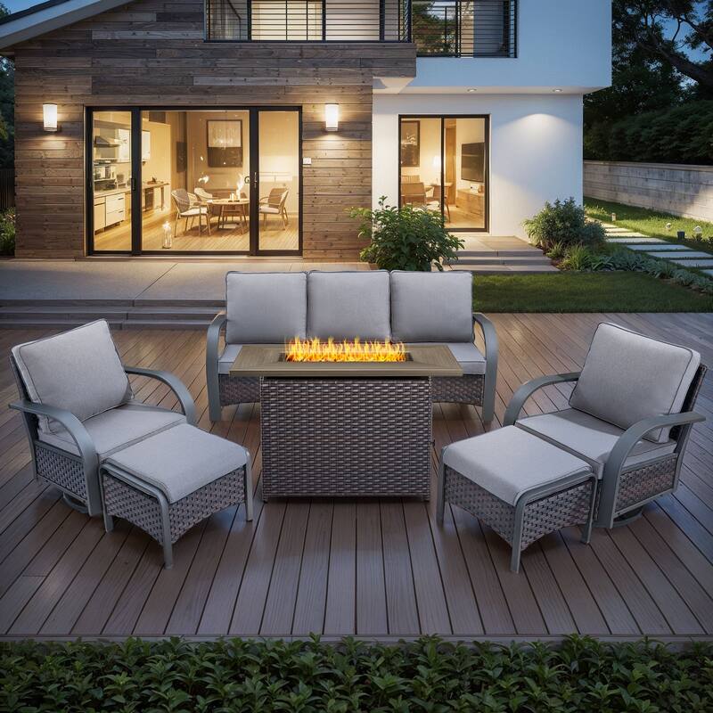 Outdoor Fire Pit with Funiture Set - Brown Rattan - Beige Cushion - 6PC-Sofa Swivel Chair Ottoman w/ Rattan Table