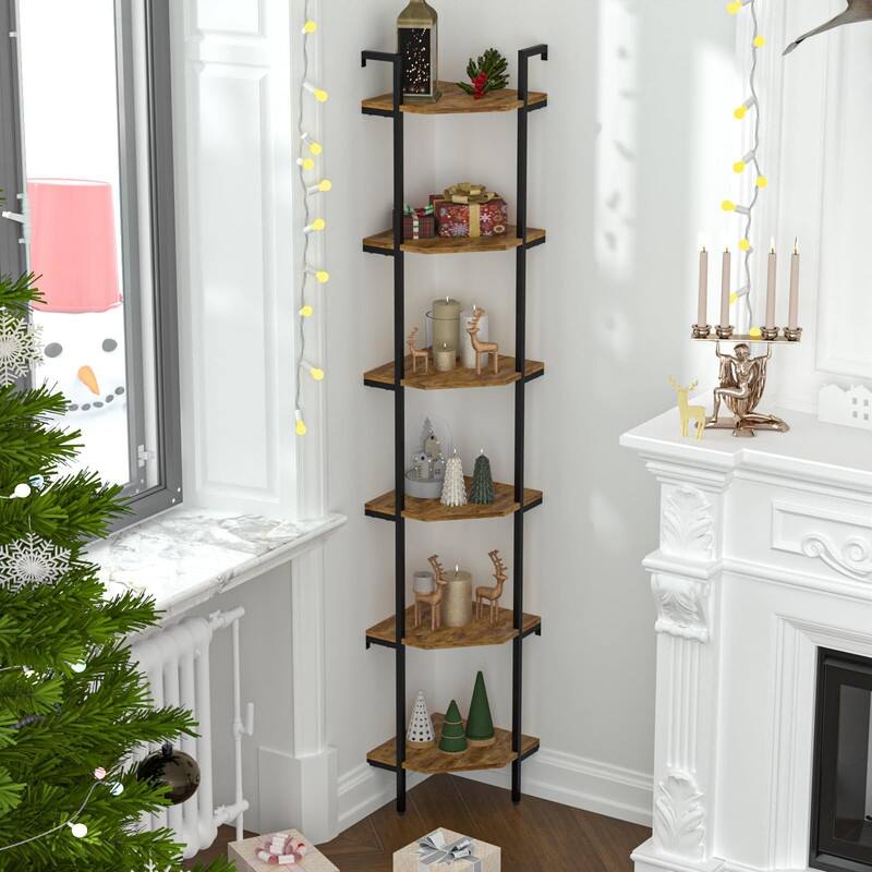 Rustic Brown Wall Mounted Corner Shelf - 11.81"D x 11.81"W x 70"H