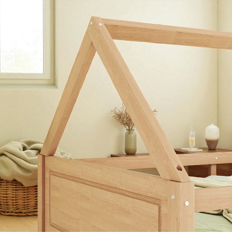 Twin over Twin House Bunk Bed with Roof Frame, Guardrails, Ladder and Headboards, Rubber Wood Kids Floor Bed