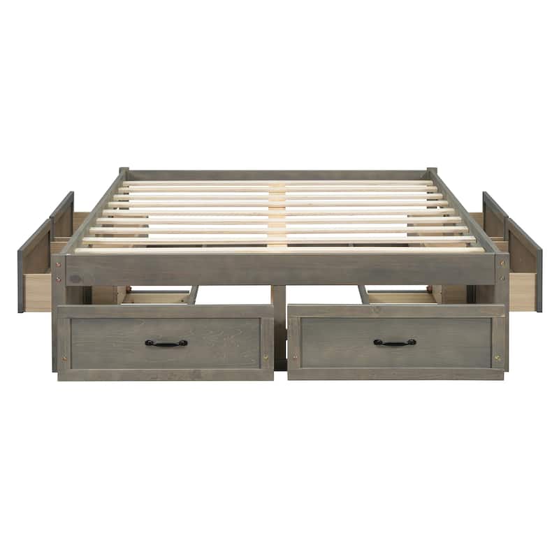 Queen Size Platform Bed Frame with 6 Built-In Storage Drawers, No Headboard, Low Profile Design in Antique