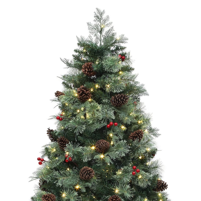 7.5ft Prelit Artificial Carolina Pine Christmas Tree with Remote, Green Artificial Hinged Christmas Tree w/ 1200 Mixed Tips
