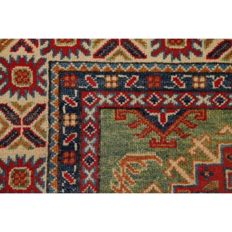 Light Green Kazak Oriental Accent Rug Handmade Wool Carpet - 3'2" x 4'11"