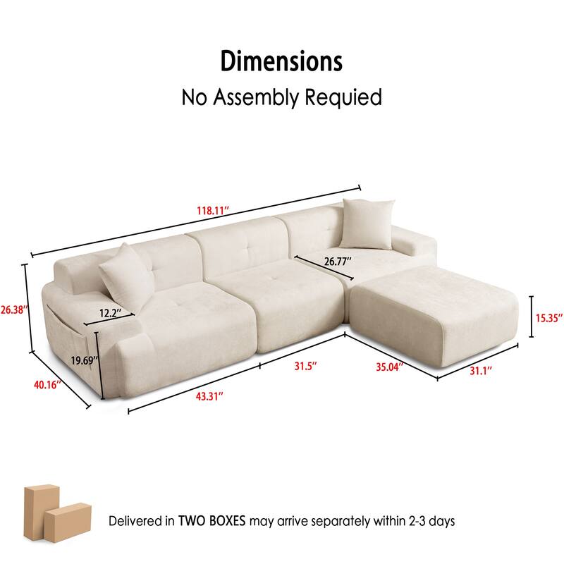 118 inch Oversized 3 Seater L-Shaped Chenille Boneless Modular Sectional Sofa Couch with Movable Ottoman