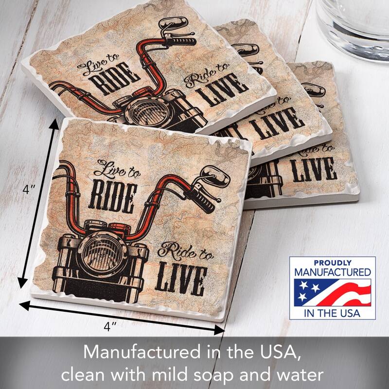 Live to Ride 4-Pack Absorbent Stone Coasters with Protective Cork Backing 4" Square Made in The USA Easily Wipes Clean