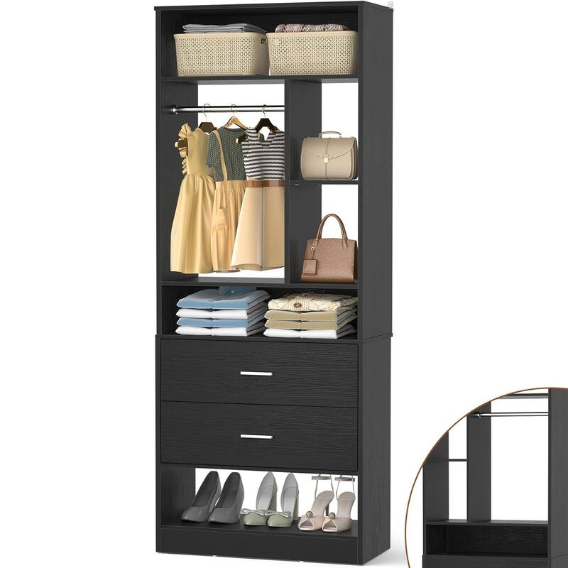 Kyrvo Freestanding 24" Closet System with 2 Wood Drawers,2FT Heavy Duty Walk-in Closet Organizer with 6 Shelves & Hanging Rod