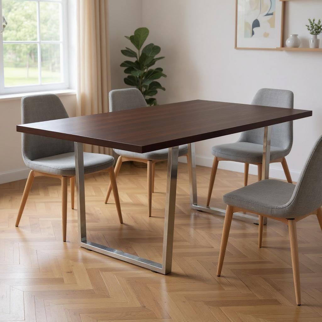 HomeRoots 59" Espresso And Silver Solid Wood And Metal Sled Base Dining Table - 59.00 in. x 30.25 in. x 35.50 in.