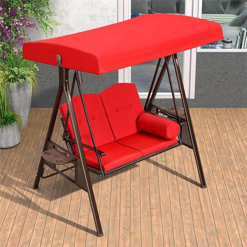 PURPLE LEAF Outdoor Patio Porch Swing with Stand, 2-seat Swing Chair with Adjustable Tilt Canopy All-Weather Steel Frame
