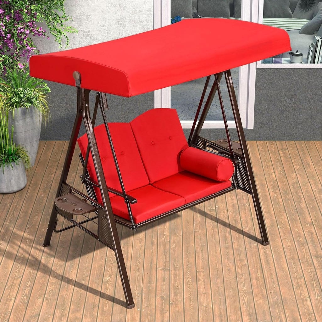 PURPLE LEAF Outdoor Patio Porch Swing with Stand, 2-seat Swing Chair with Adjustable Tilt Canopy All-Weather Steel Frame