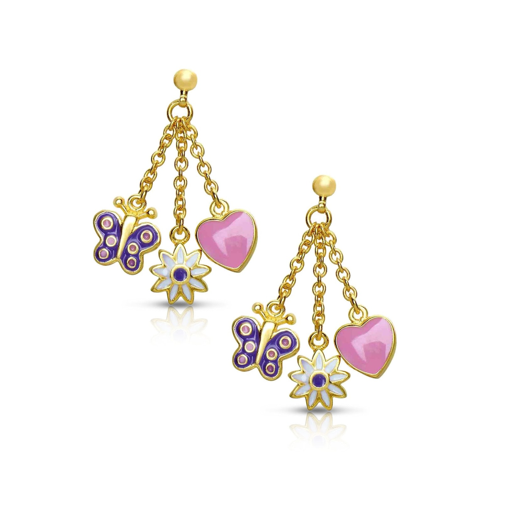 Jewelry for Girls Heart Dangle Earrings Gold Plated with Pink and White Enamel By Lily Nily
