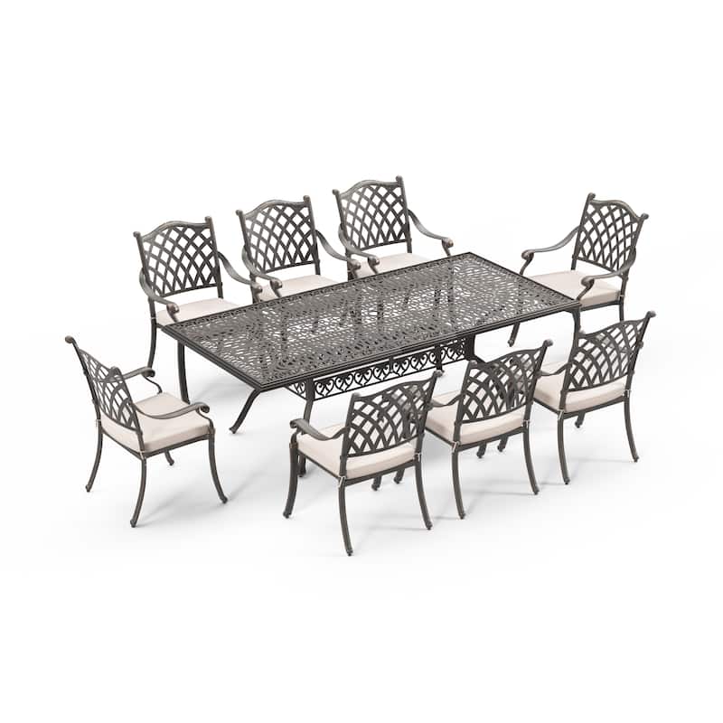 Aluminum 9-Piece Outdoor Rectangular Dining Set with Cushions & Umbrella hole