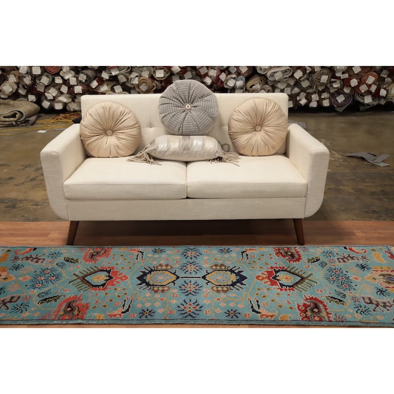 Hand Knotted Oriental 100% Wool Carpet Transitional All-Over Navy Blue & Blues Oushak Runner Rug - 7' 10'' X 2' 5''