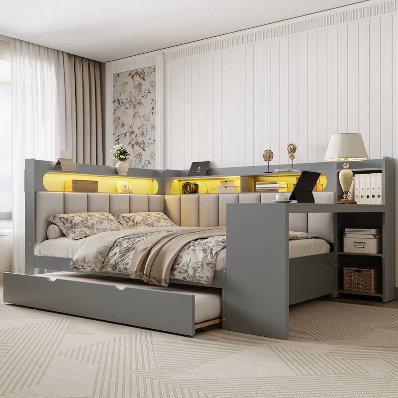 Full Size Daybed with Storage Shelves Built-in Charging Station LED Light, L-shape Upholstered Frame Sofa Bed with Cabinet, Desk