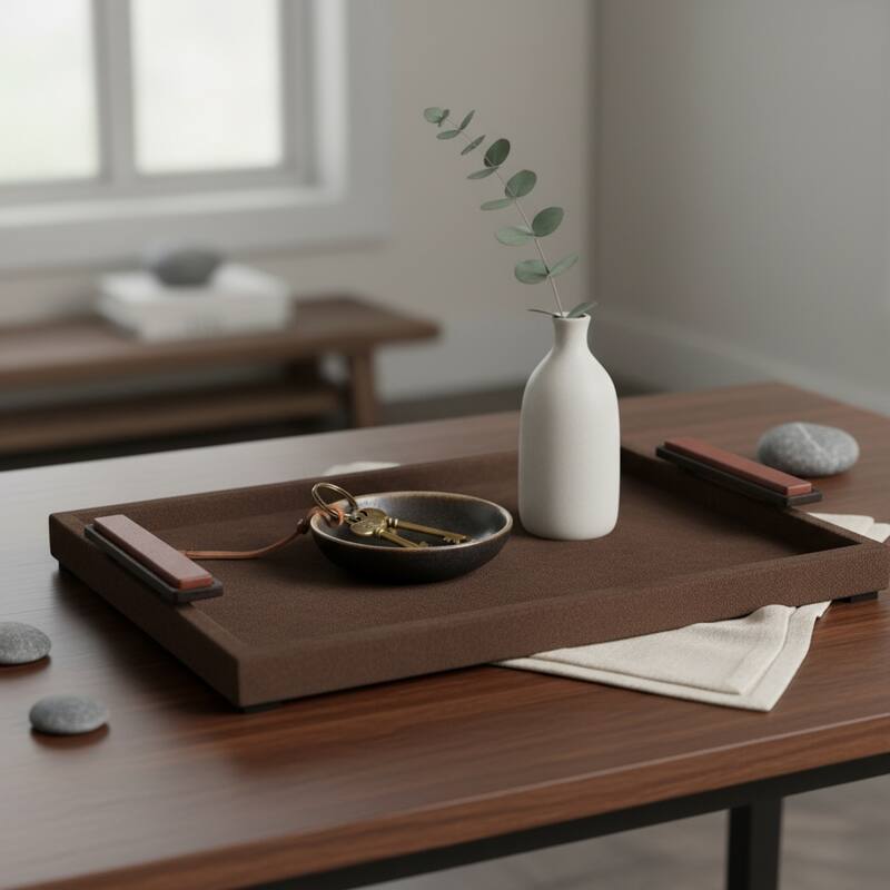 Wood Metal Modern Serving Tray with Handles Home Decor - Brown, 2" - 19.0"