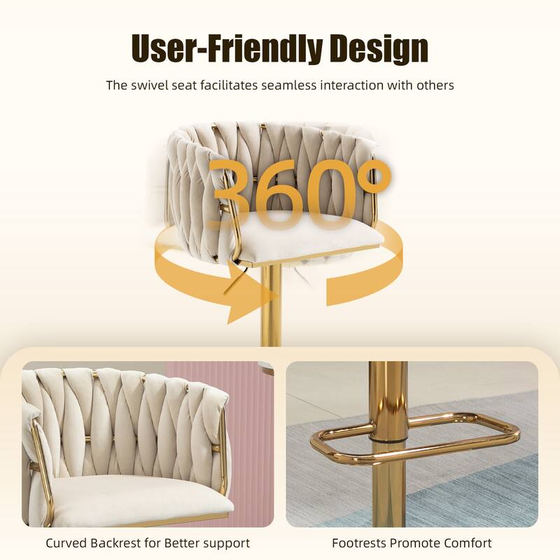 Velvet Upholstered Swivel Adjustable Height Bar Stools With Metal Footrest（set of 2）