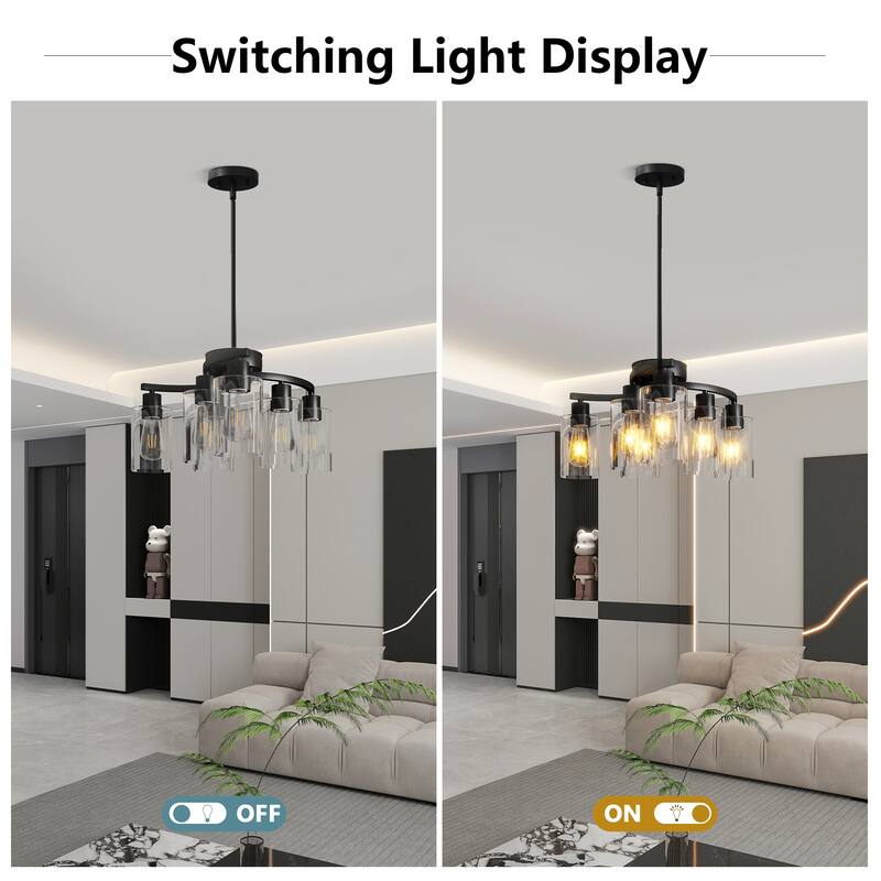 6-Light Modern Farmhouse Black Chandelier - Adjustable, Kitchen, Dining - Clear Glass