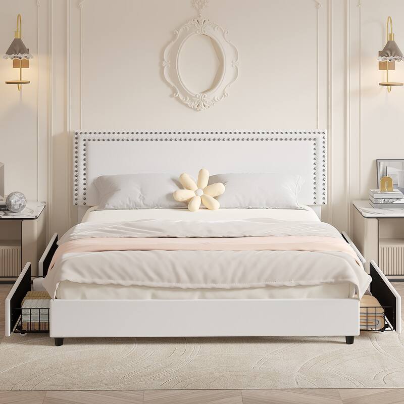 VECELO Upholstered Storage Bed Frames with 4 Storage Drawers, Platform Bed Frame with Adjustable Velvet Rivets Headboard - White - King