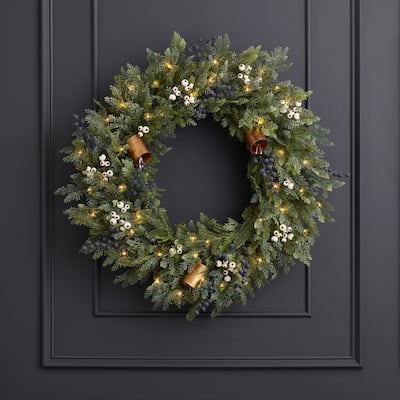 Mixed Mica Foliage with Blueberries and Harmony Bells 30in Wreath Pre-Lit with 35 LED Fairy Lights B/O