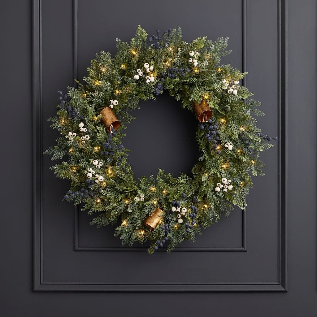 Mixed Mica Foliage with Blueberries and Harmony Bells 30in Wreath Pre-Lit with 35 LED Fairy Lights B/O