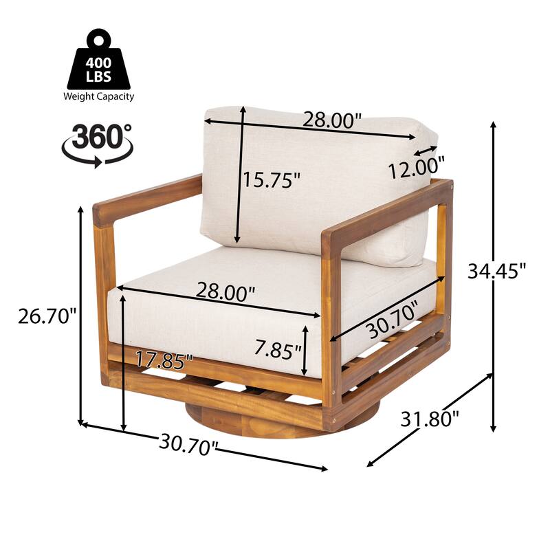 Roomfitters Tanah Outdoor Acacia Wood Swivel Lounge Chair with Cushions, Teak Finish and Beige