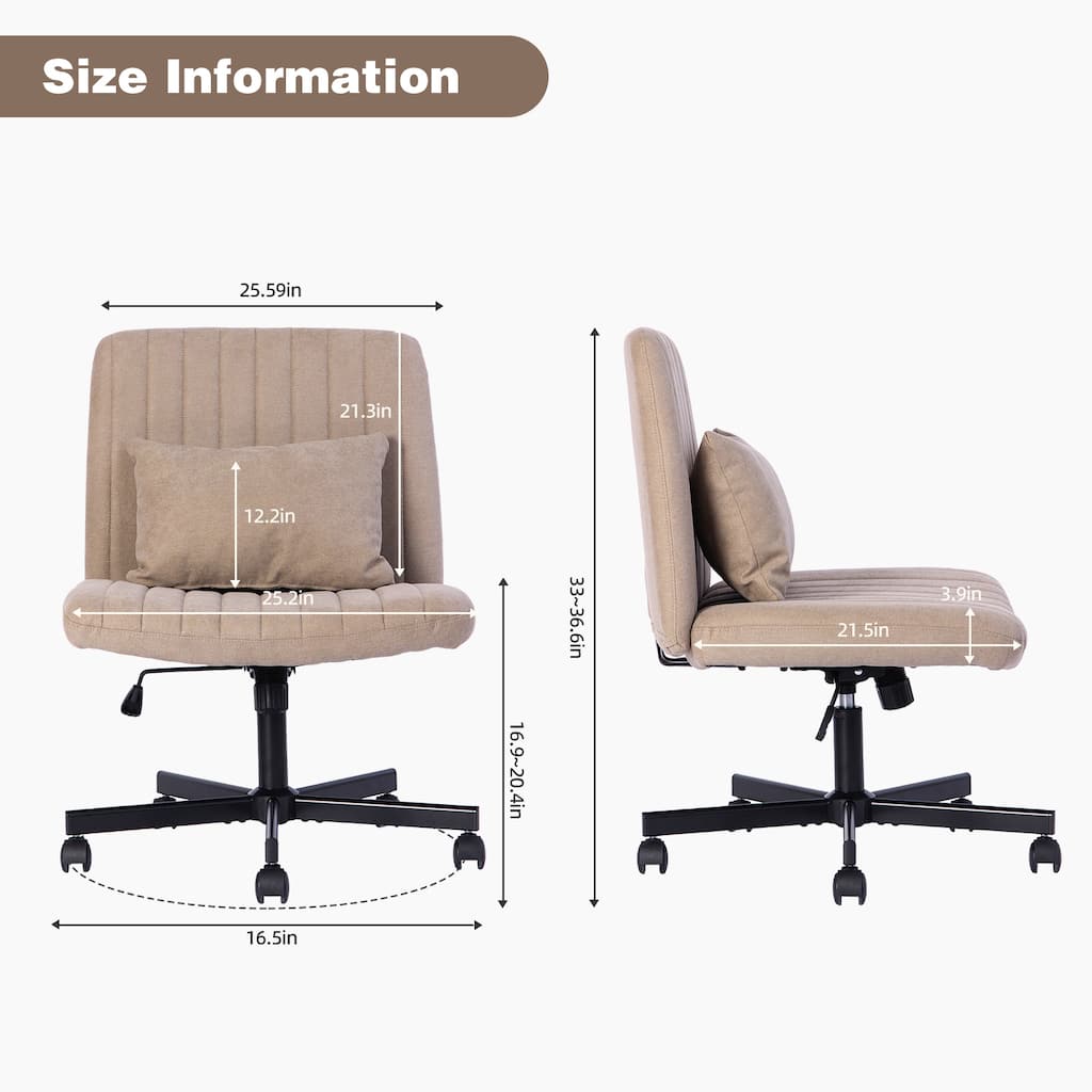 Criss Cross Chair with Wheels, Adjustable Armless Swivel Rolling Chair, Linen Upholstered Office Chair with Lumbar Pillow