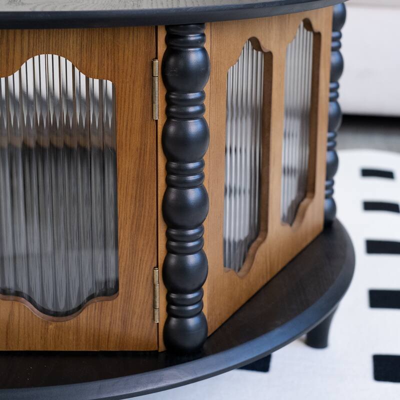 GDFStudio Theryn Real Wood Veneer Round Coffee Table with Three-Door Storage