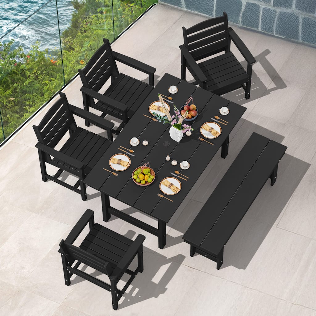 6-Piece HDPE Outdoor Dining Table Sets with Umbrella Hole - 1-Table 4-Chairs-1-Bench