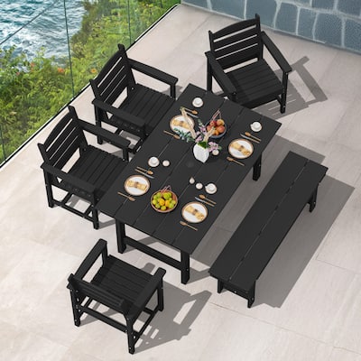 6-Piece HDPE Outdoor Dining Table Sets with Umbrella Hole - 1-Table 4-Chairs-1-Bench