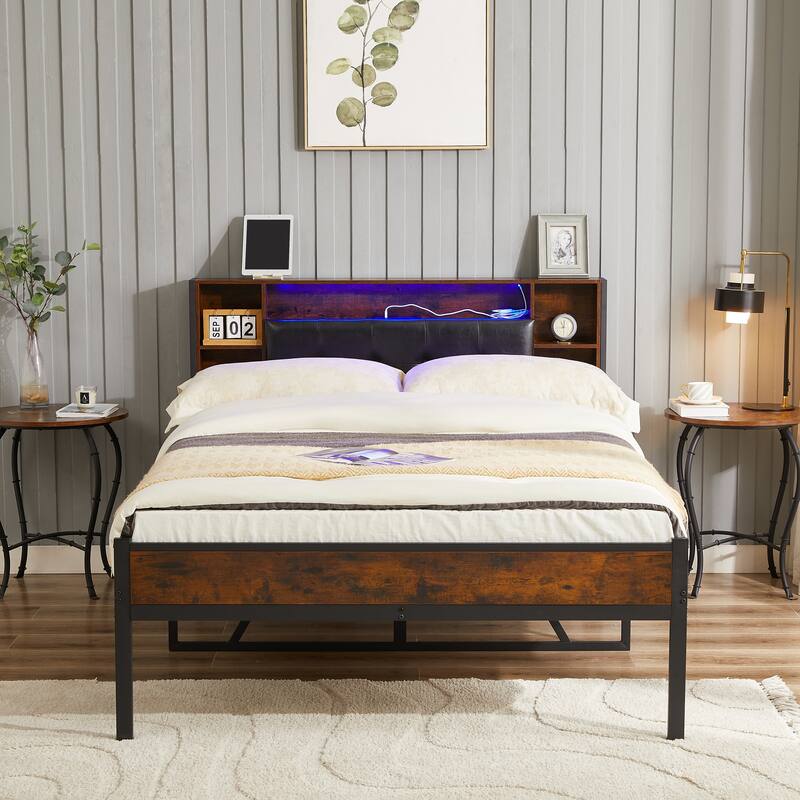 Metal Bed Frame with Storage Headboard/USB Charging Station