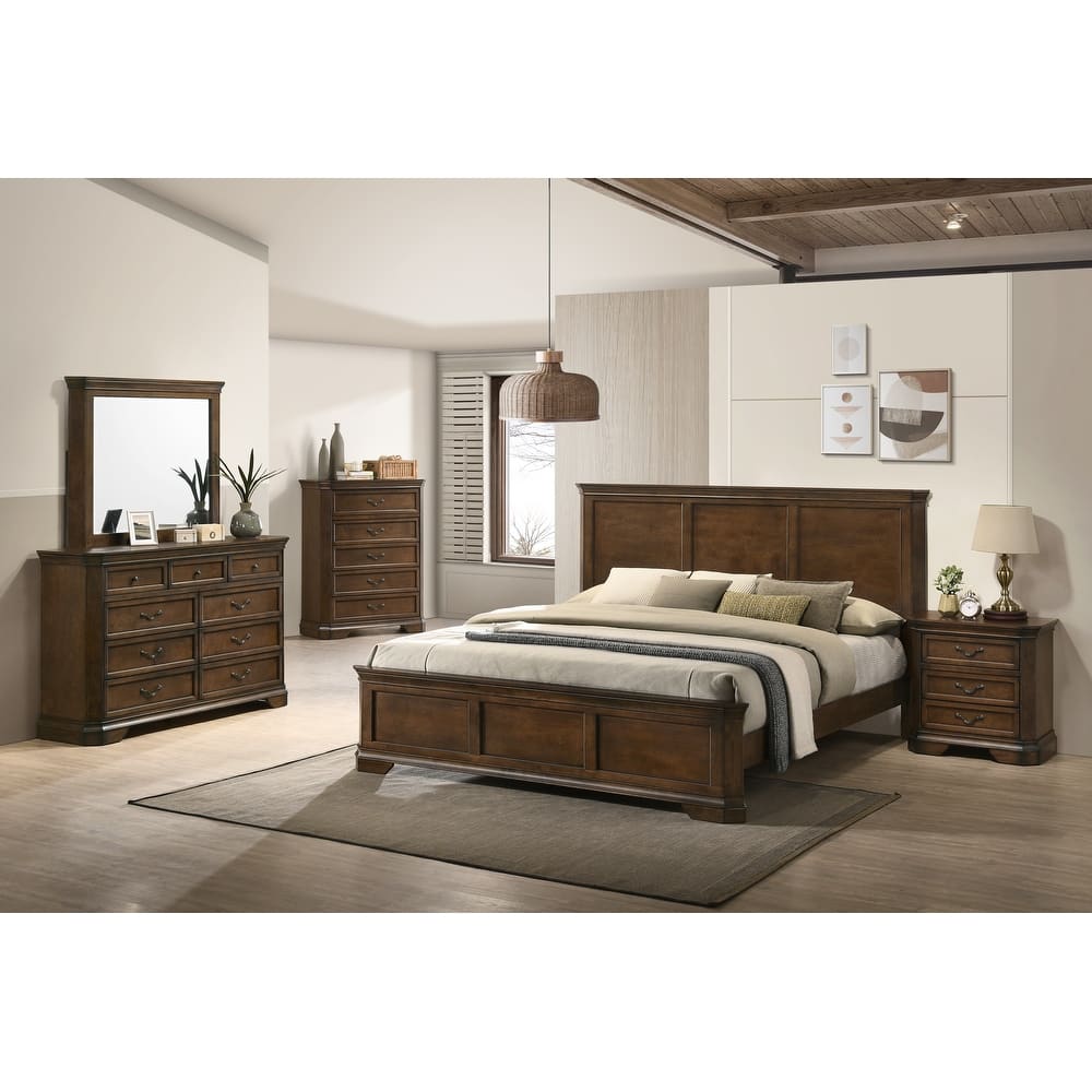 Roundhill Furniture Maderne Traditional Wood Panel Bed with Dresser, Mirror, Nightstand, Chest