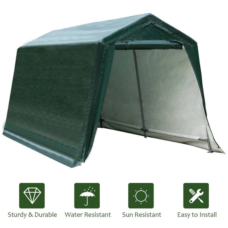 8x14ft Green Carport Tent with Sturdy Steel Frame and Waterproof PE Cover Ventilated Zipper Door - 8' x 14' x 7.6' (L x W x H)