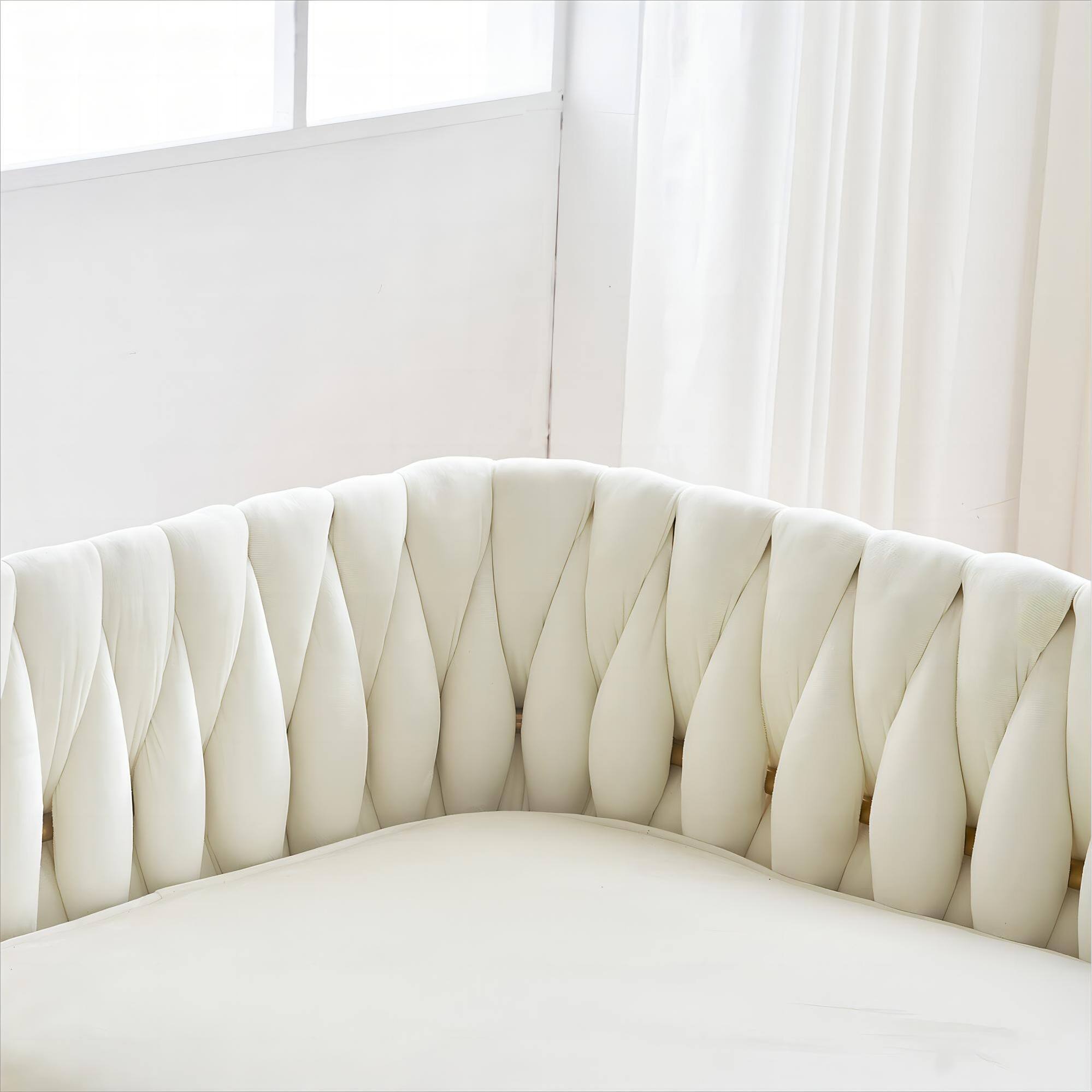 White Velvet Loveseat Sofa w/ Metal Frame, Handmade Woven 2 Seat Couch