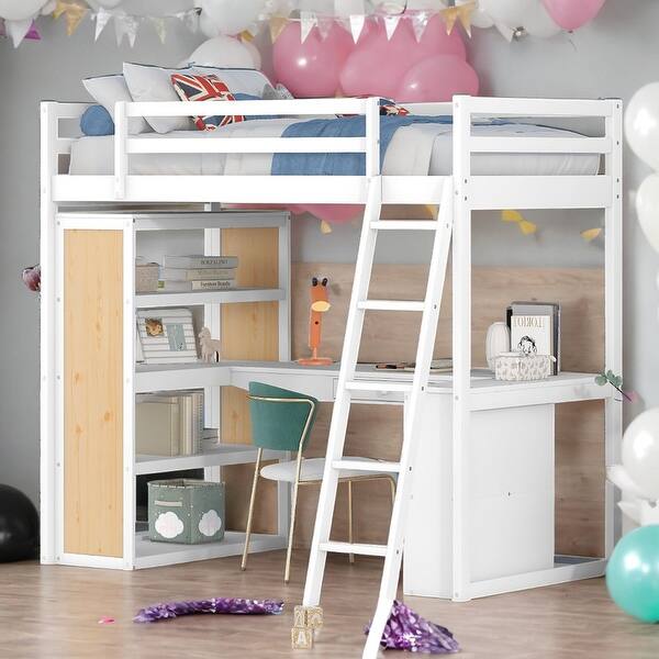 slide 2 of 23, Twin Size Loft Bed With Ladder,Shelves and Desk for Home White