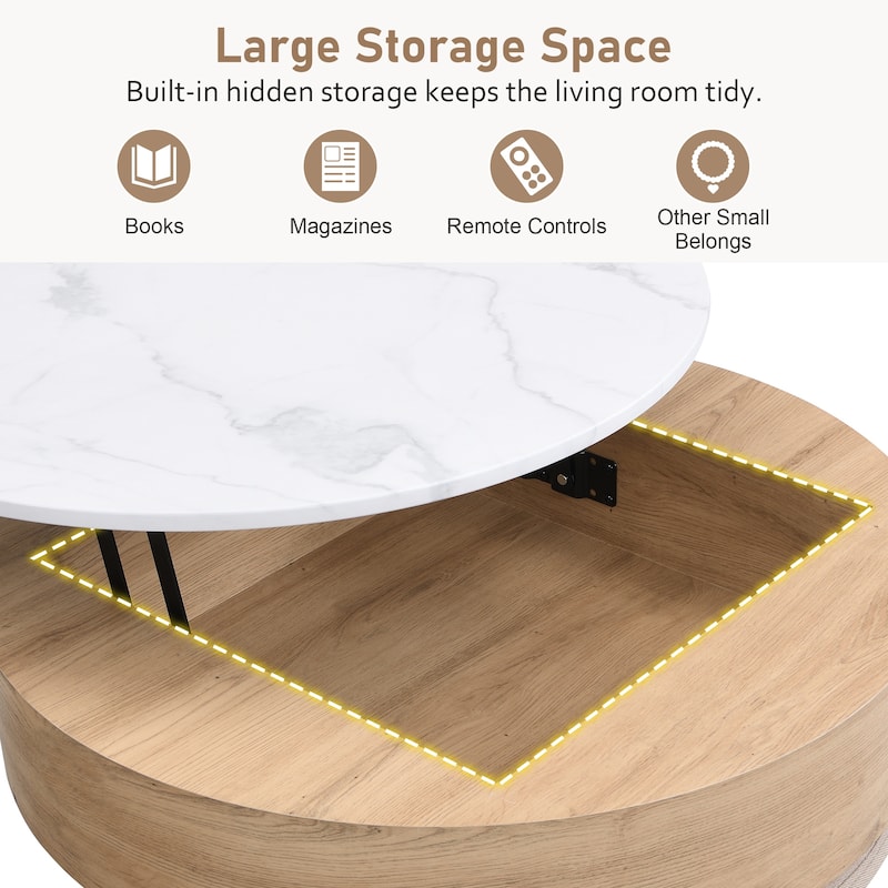 Modern Round Coffee Table Set with Lift-Top, Dining Table Set with Hidden Storage and 3 Ottomans