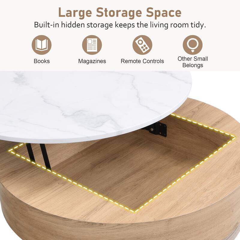 Roomfitters Modern Round Lift-Top Coffee Table with Hidden Storage, 3 Upholstered Ottomans