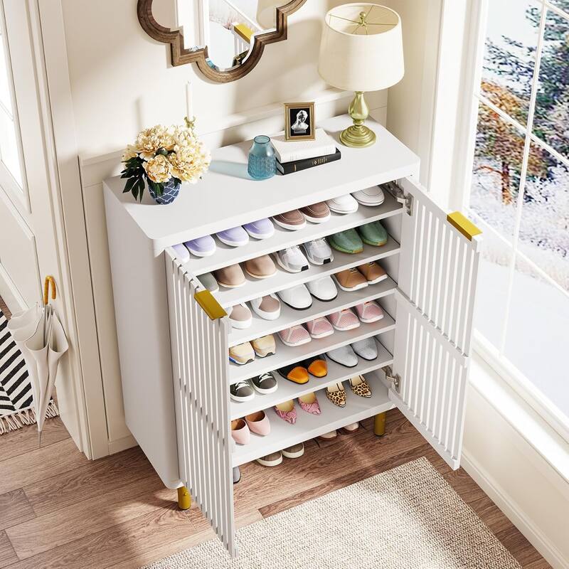 6-Tier Shoe Cabinet with Shutter Doors Adjustable Shelves Wooden Storage Cabinet for Entryway/Hallway/Closet/Living Room