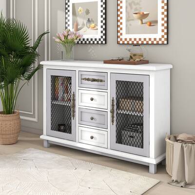 Living Room Buffet Cabinet with 4 Drawers and 2 Iron Mesh Doors