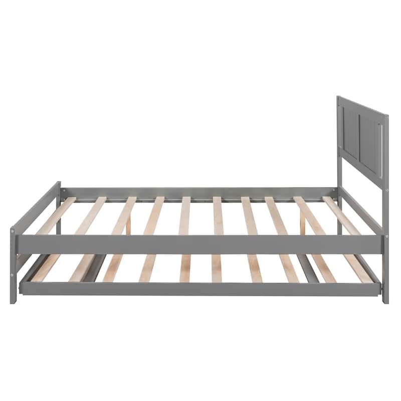 Full Size Platform Bed with Adjustable Trundle, Wooden Bed Frame