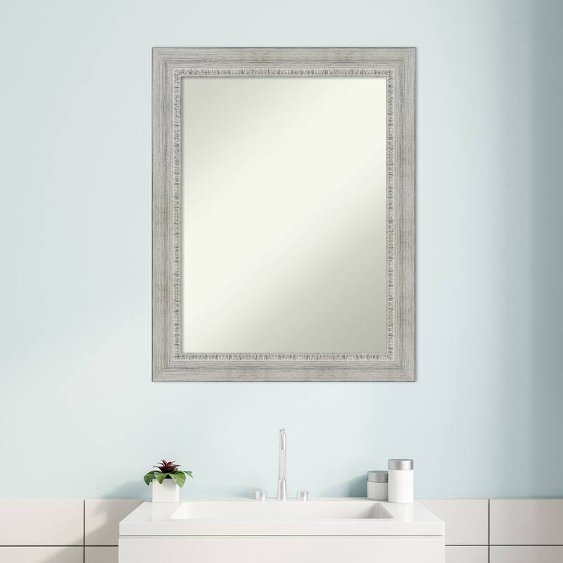 Non-Beveled Wood Bathroom Wall Mirror - Rustic White Wash Frame