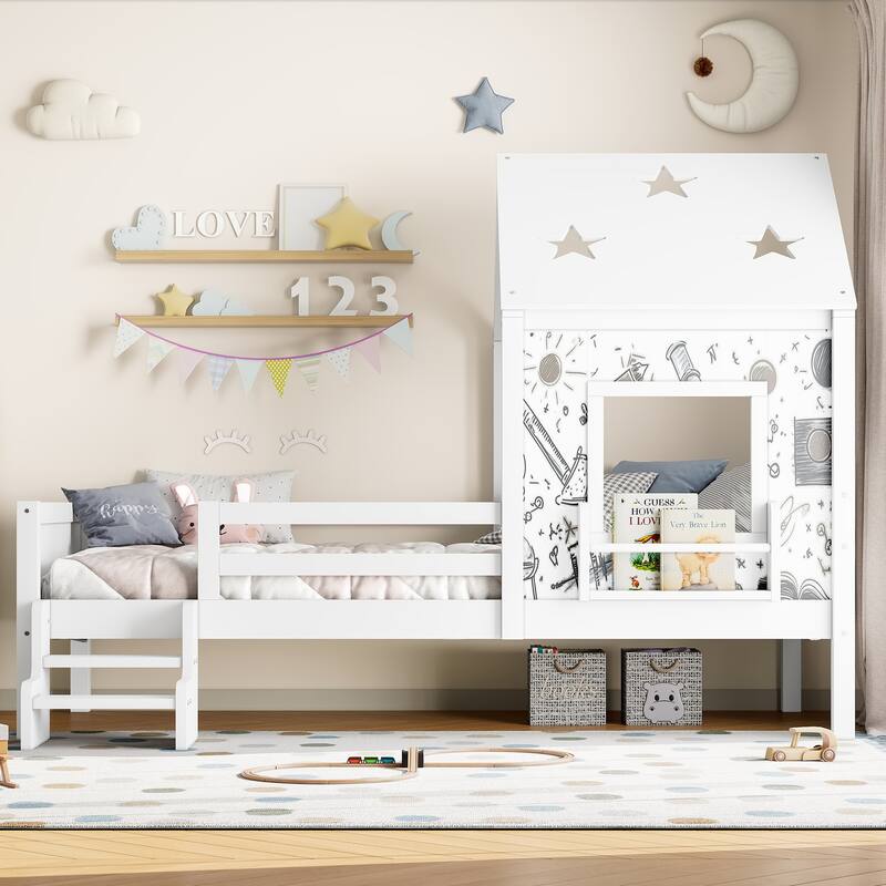 Twin House Beds with Low-Profile Stairs and a Window, Solid Wood House Platform Bed with a Bookcase Design - Light White