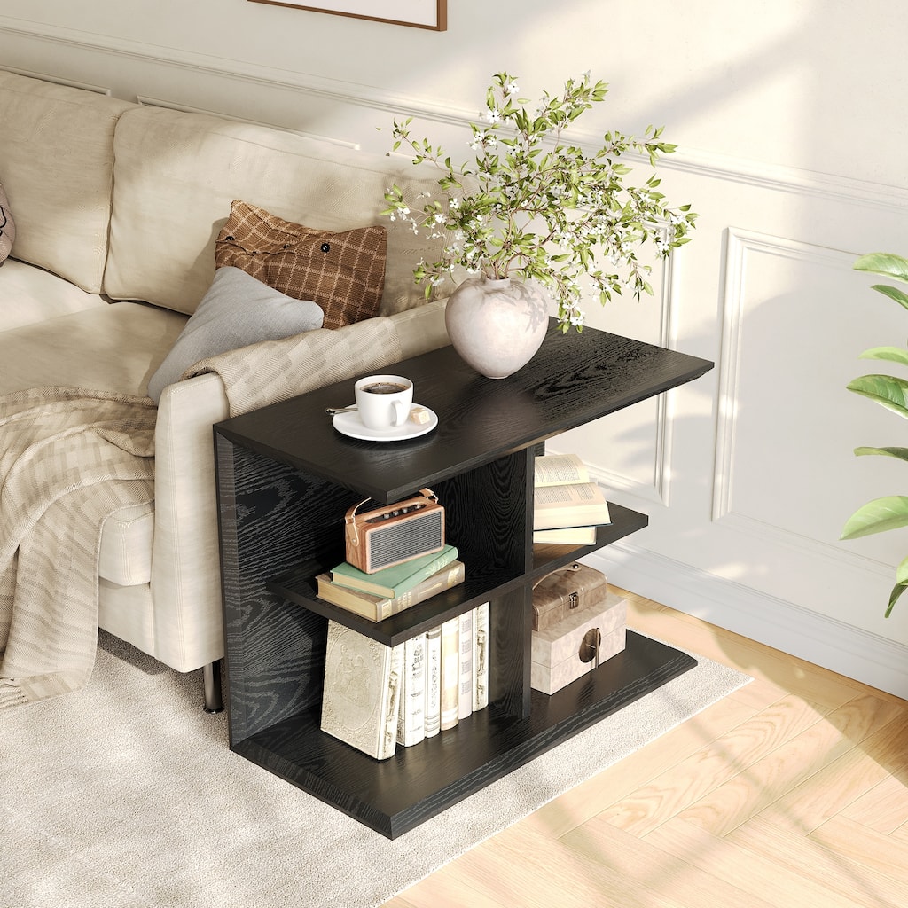 3-Tier End Table with Storage, Wood Sofa Side Table with 4 Cubes