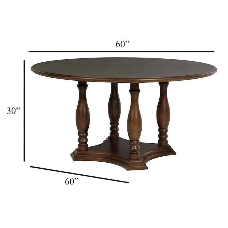 Monta Round Dining Table, Turned Legs and Shelf, Brown Wood 60 Inch