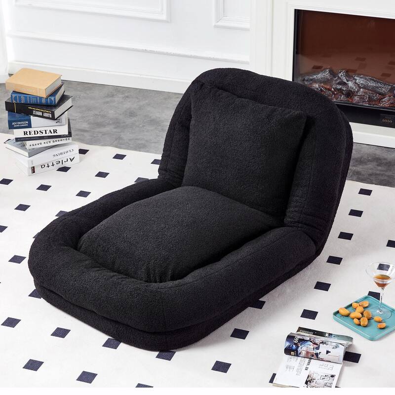 Folding Sofa Chair with 5 Adjustable Positions, Plush Floor Lounge Chair - Black-Teddy