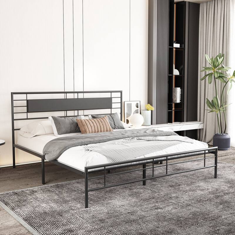 NNV Full Size Platform Metal Bed Frame with Leather Upholstered Headboard