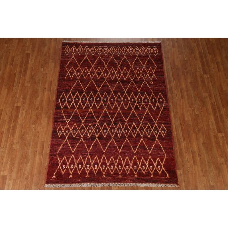 Hand Knotted Oriental 100% Wool Carpet Modern Tribal Red Moroccan Area Rug - 7' 8'' X 5' 7''