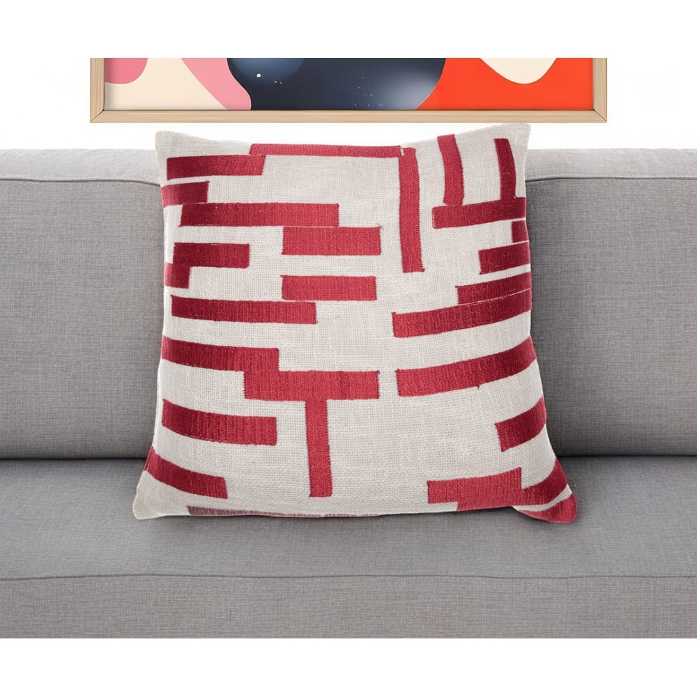 HomeRoots 20" Red and Ivory Geometric Cotton Blend Throw Pillow With Embroidery